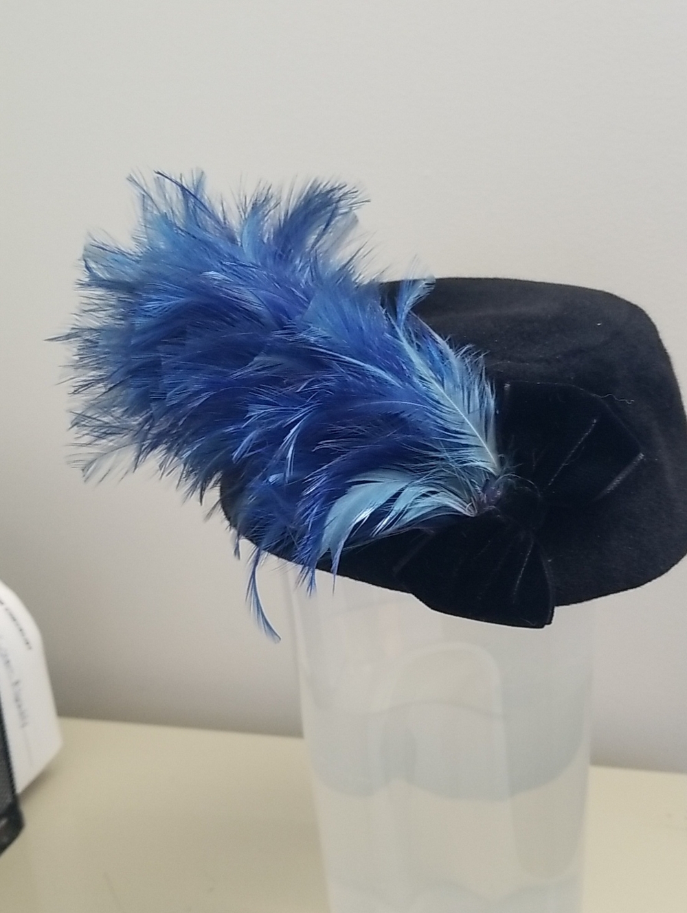 Vintage Black Felt Hat with Blue Feather Accent